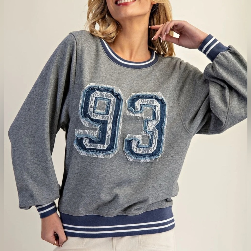 Anthropologie Pilcro Gray Sweatshirt with Blue Number lace Design size small - Picture 2 of 8